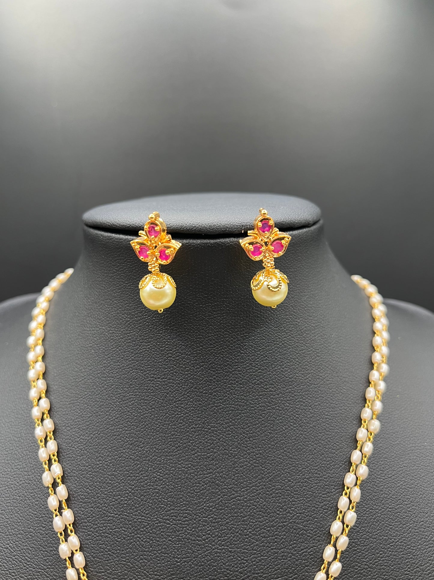 Hema - Mini Pearl Ruby-Simulant Necklace Set | Traditional South Indian Gold Plated Jewellery
