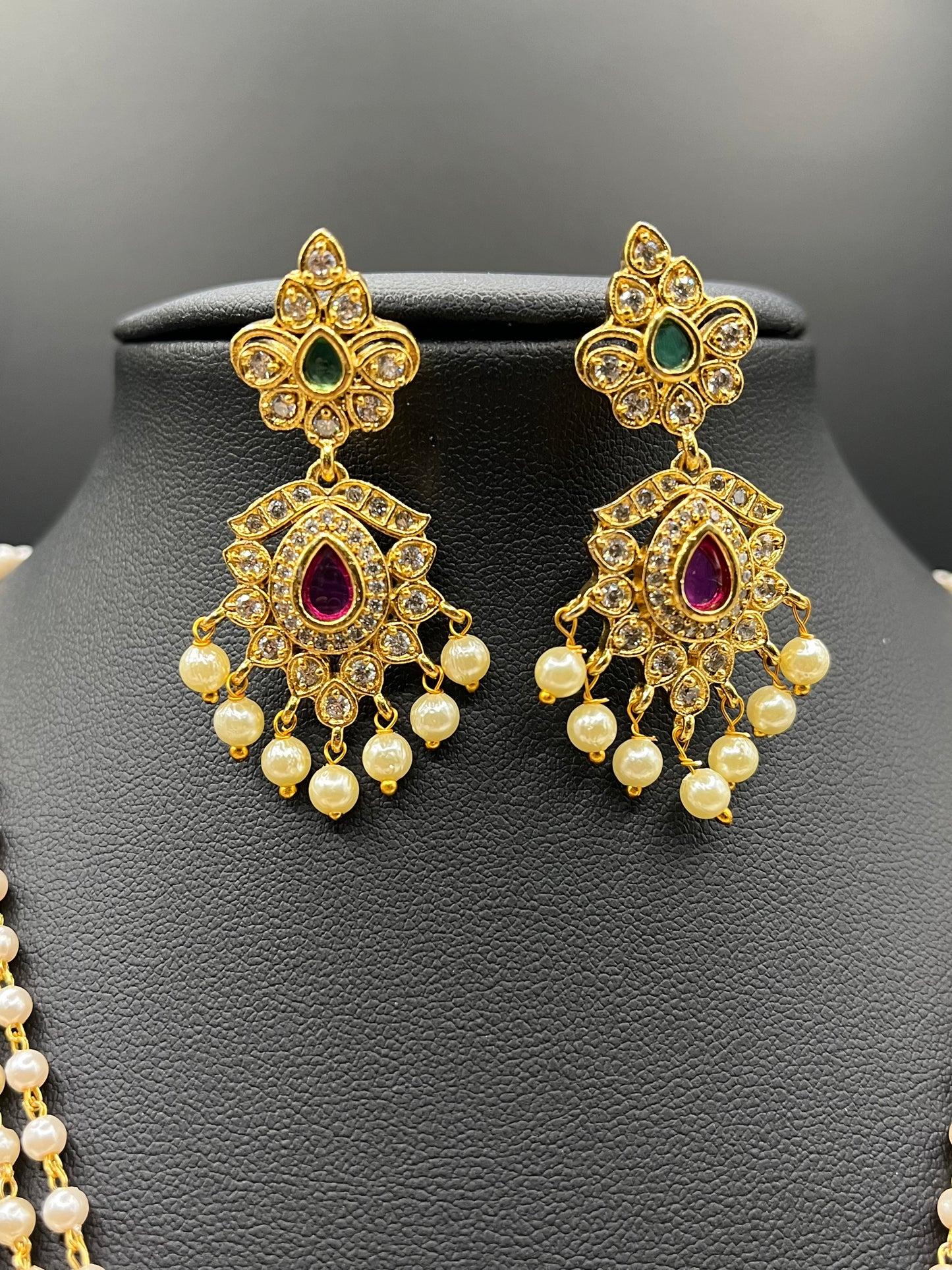 Amara - Gold Plated 3 Layer Pearl & Ruby Stone Necklace Set with Earrings