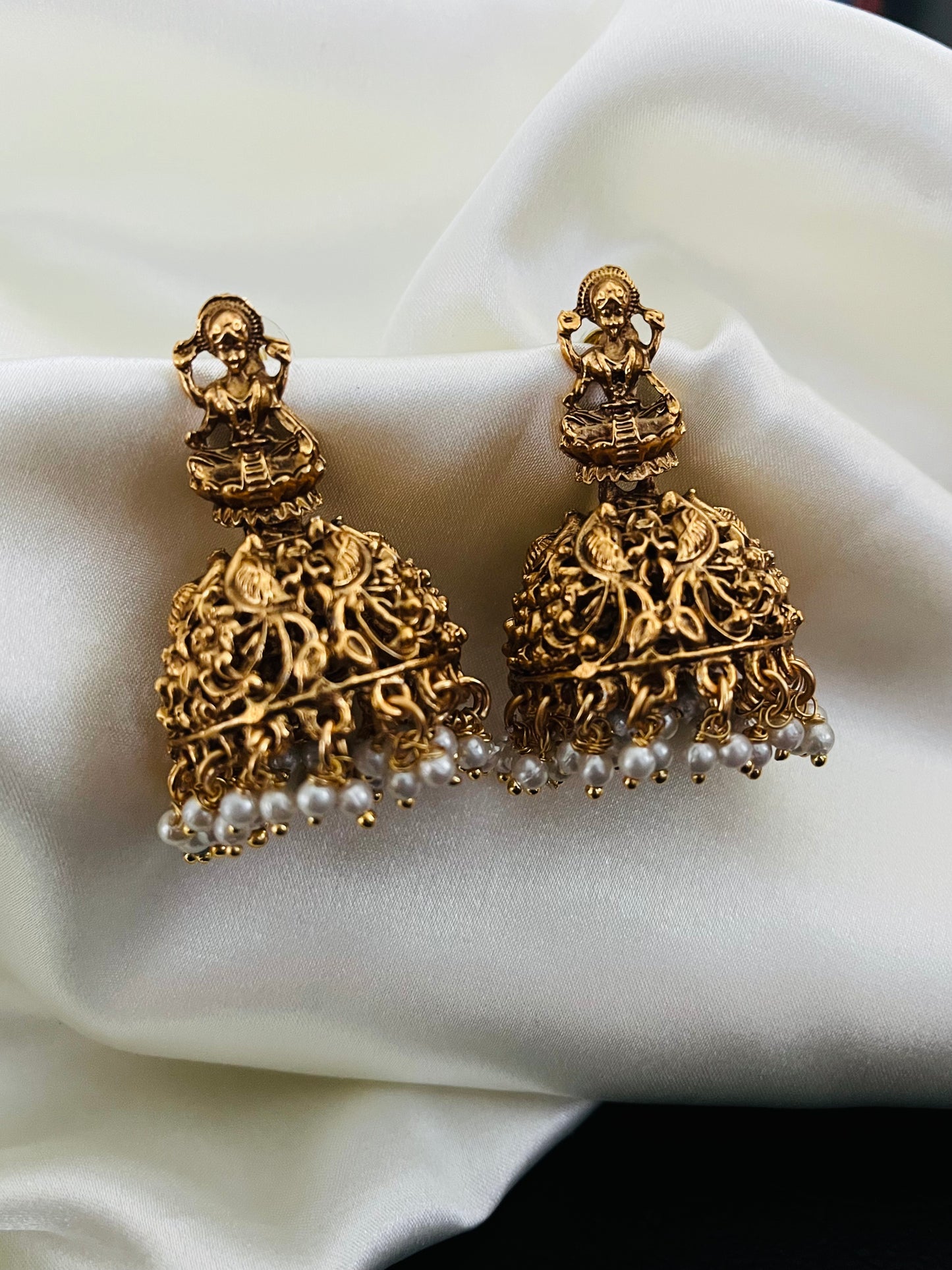 Anvitha – Temple Jhumka Earrings with Goddess Motif & Pearl Hangings