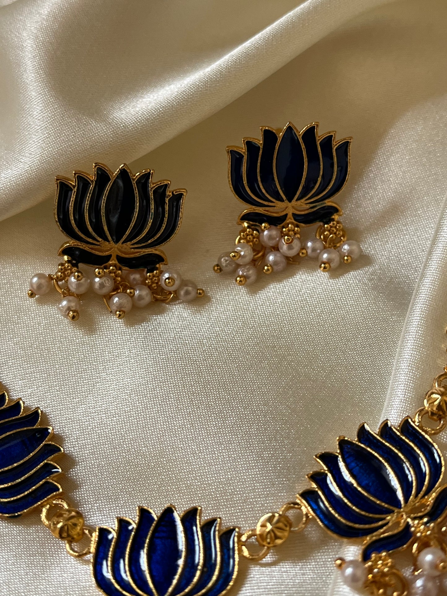 Nalini - Meenakari Lotus Necklace Set | Maroon & Deep Blue Enamel Choker with Pearl Drops | Indian Contemporary Jewellery