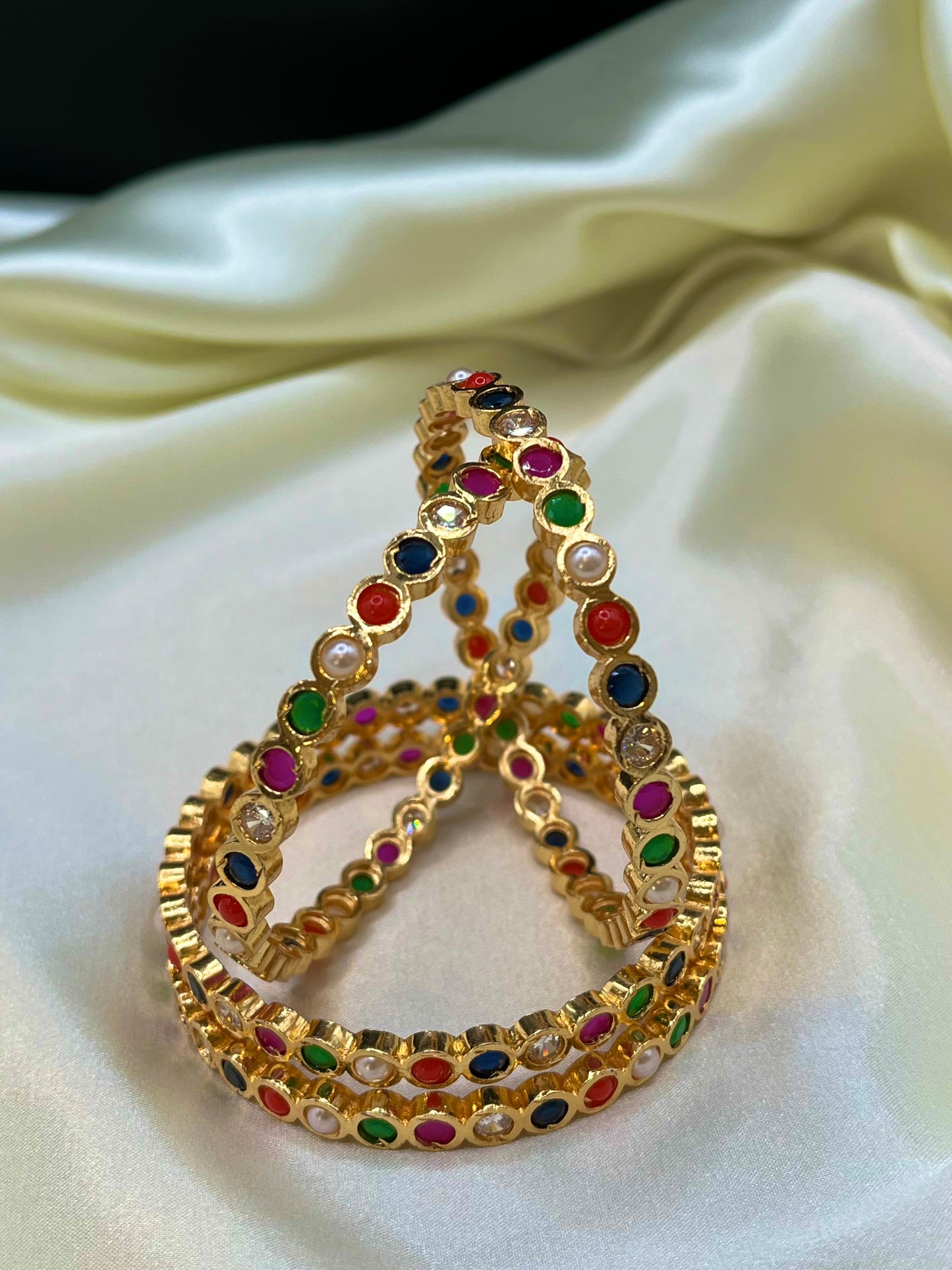 Jyoti - Navratna Style Gold-Plated Bangle - Multi-coloured stones and pearl (pair)