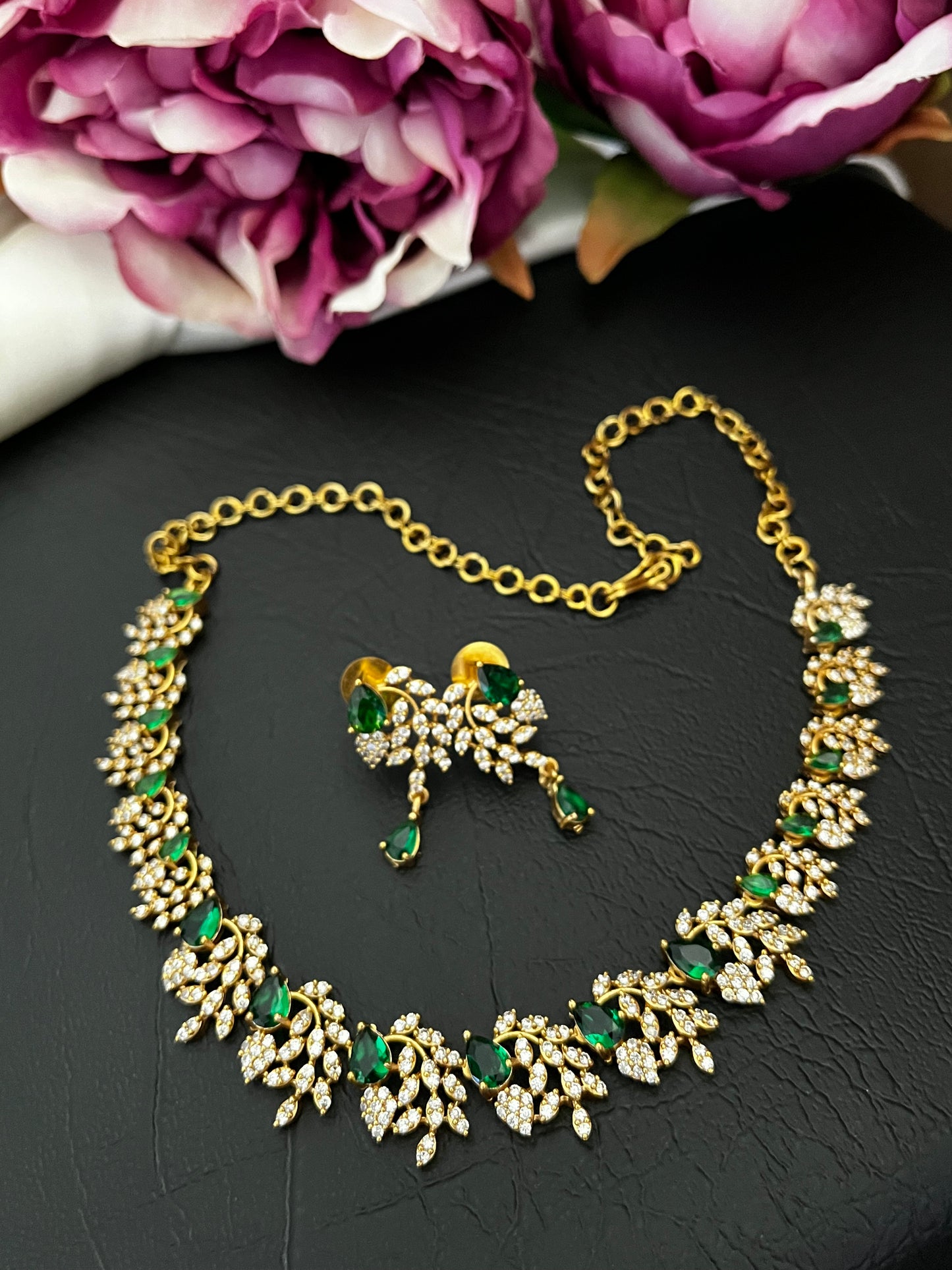 Liora - CZ Leaf Necklace Set