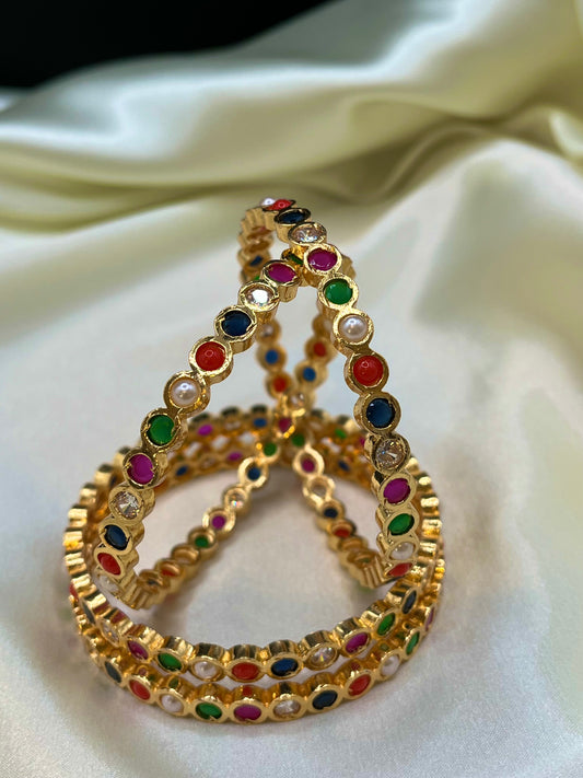 Jyoti - Navratna Style Gold-Plated Bangle - Multi-coloured stones and pearl (pair)