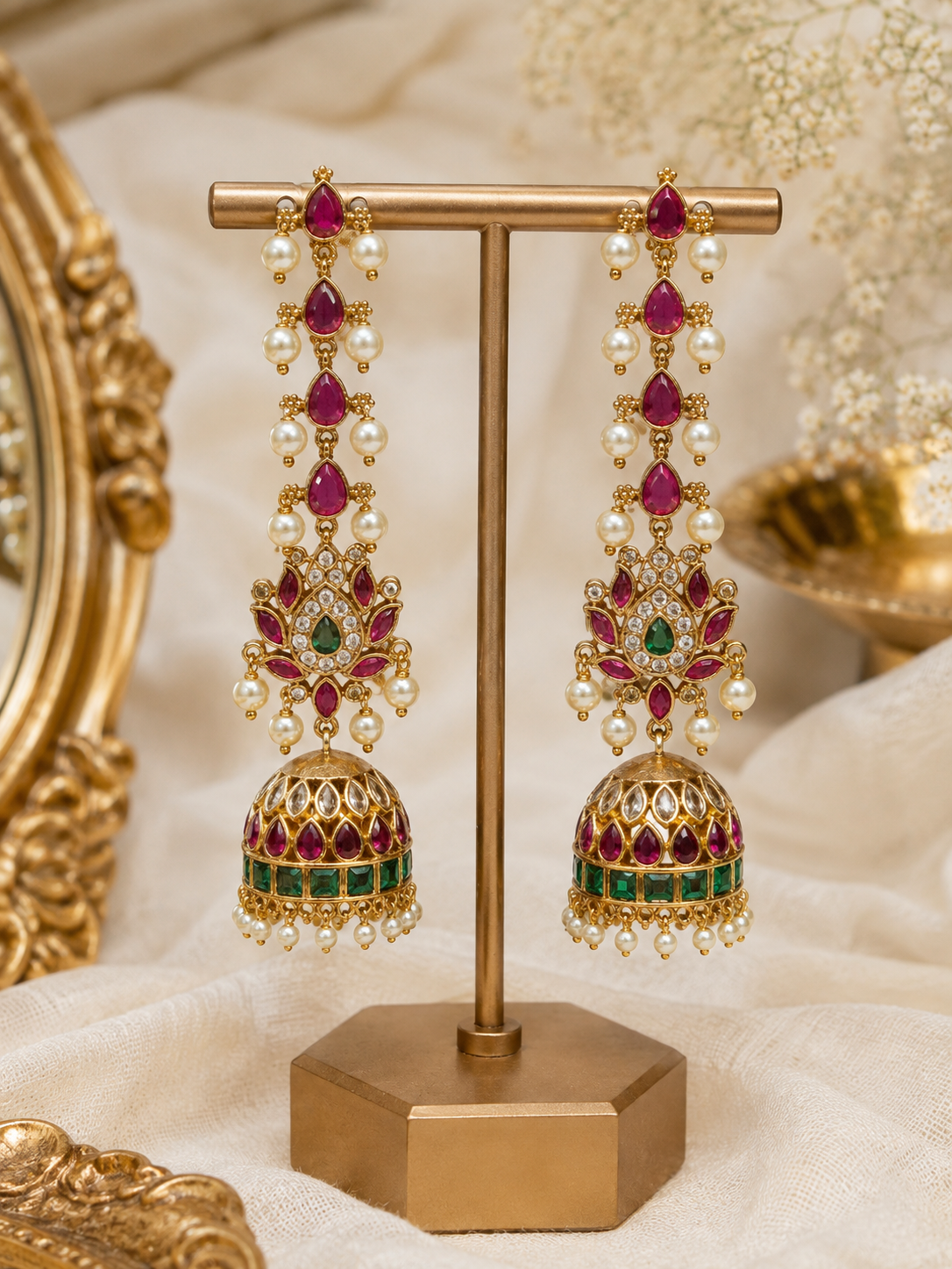 Madhurya Kemp Jhumka Earrings with Mattal Ear Chain – Ruby, Green & Pearl
