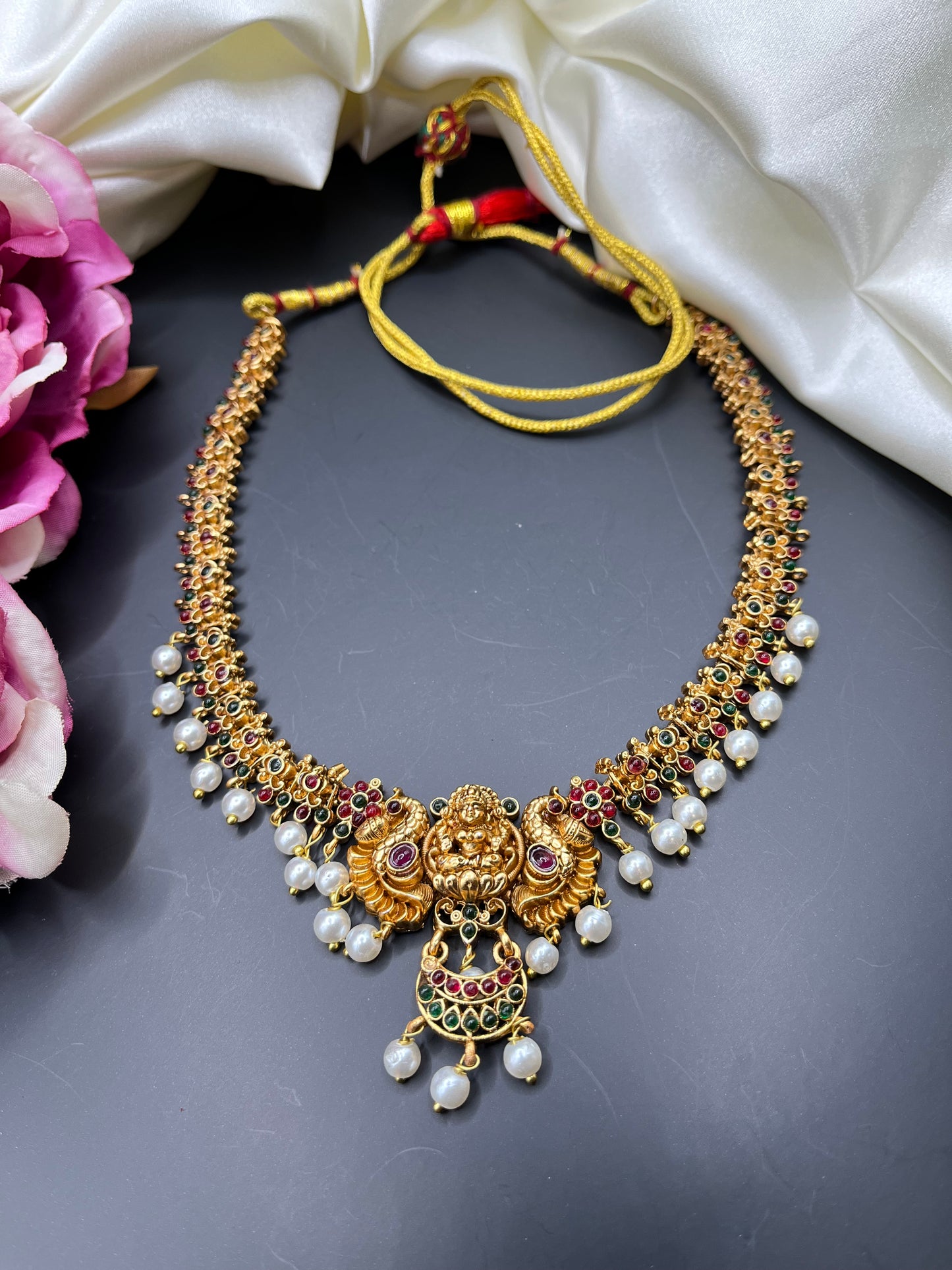 Devasena - Temple Jewelry Necklace Set | Matt Gold Lakshmi Choker with Pearls