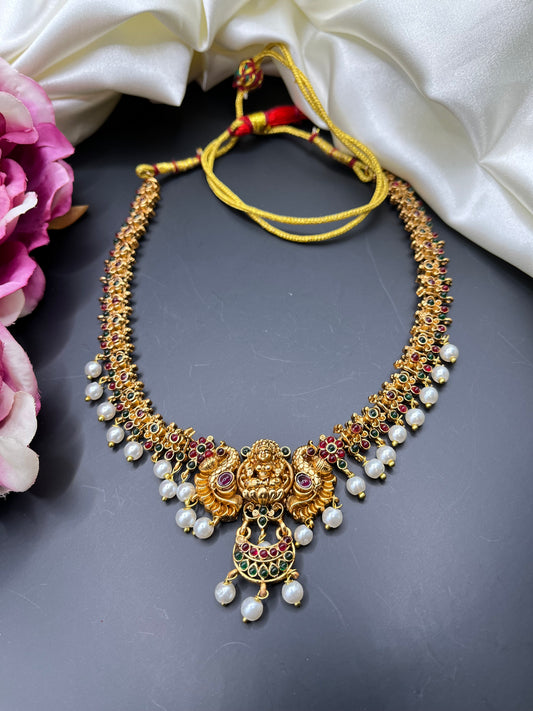 Devasena - Temple Jewelry Necklace Set | Matt Gold Lakshmi Choker with Pearls