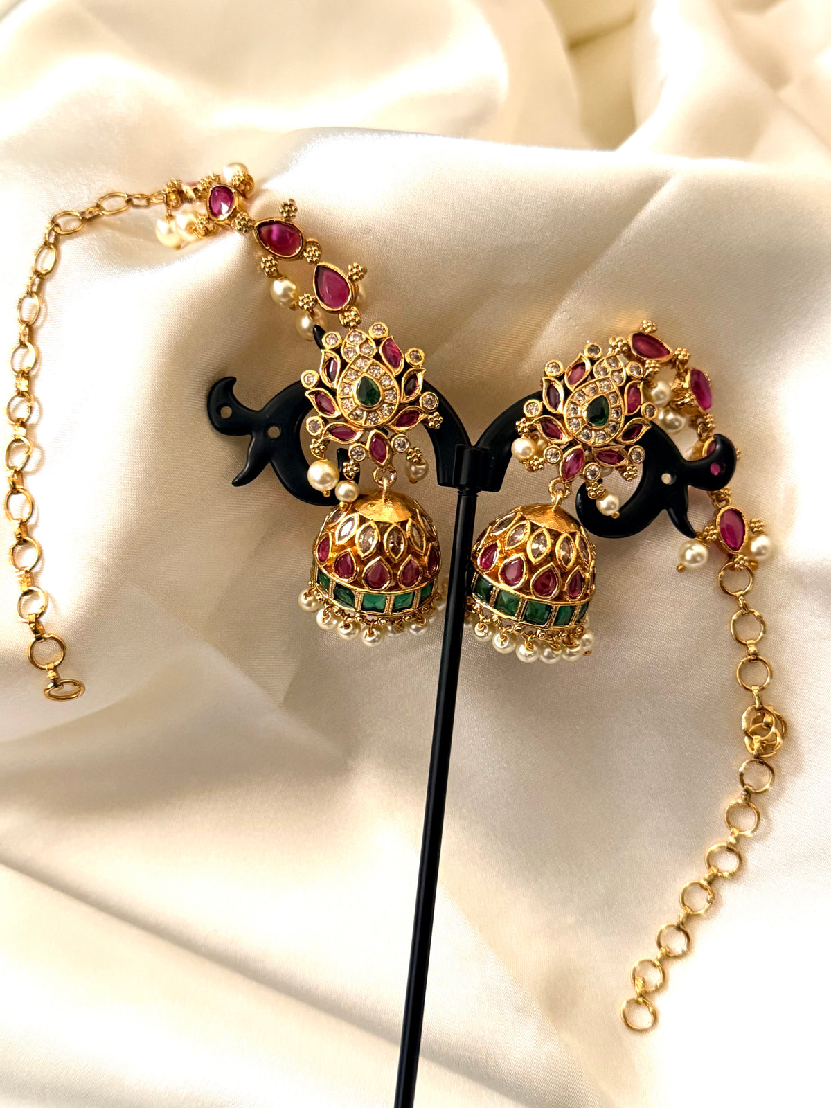 Madhurya Kemp Jhumka Earrings with Mattal Ear Chain – Ruby, Green & Pearl