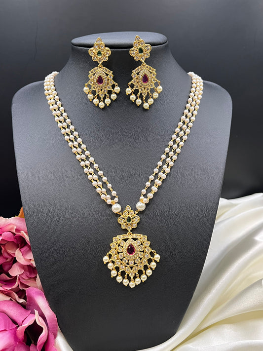 Amara - Gold Plated 3 Layer Pearl & Ruby Stone Necklace Set with Earrings