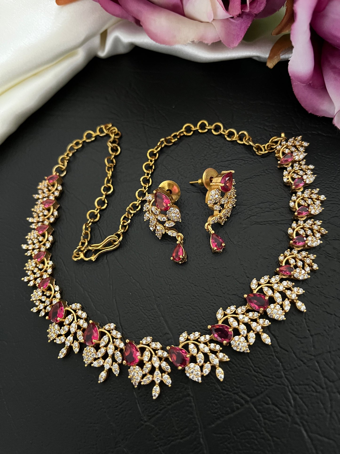 Liora - CZ Leaf Necklace Set