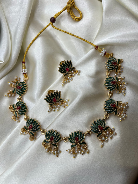 Kamala - Lotus Necklace & Earrings with Pearl Clusters