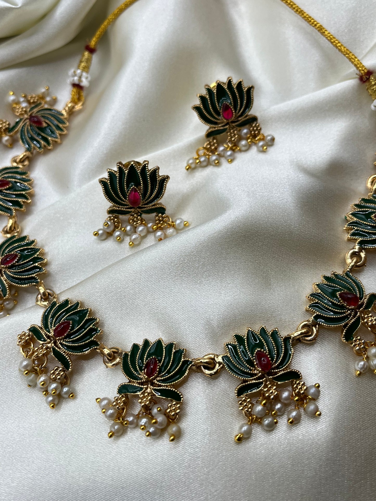 Kamala - Lotus Necklace & Earrings with Pearl Clusters