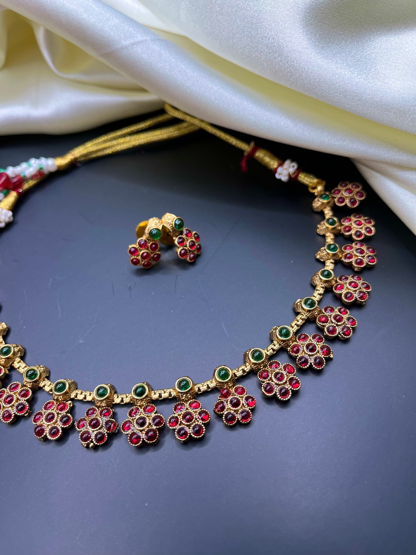 Mira - Ruby Blossom Necklace Set – Traditional Gold-Plated Necklace with Red & Green accents and Matching Earrings