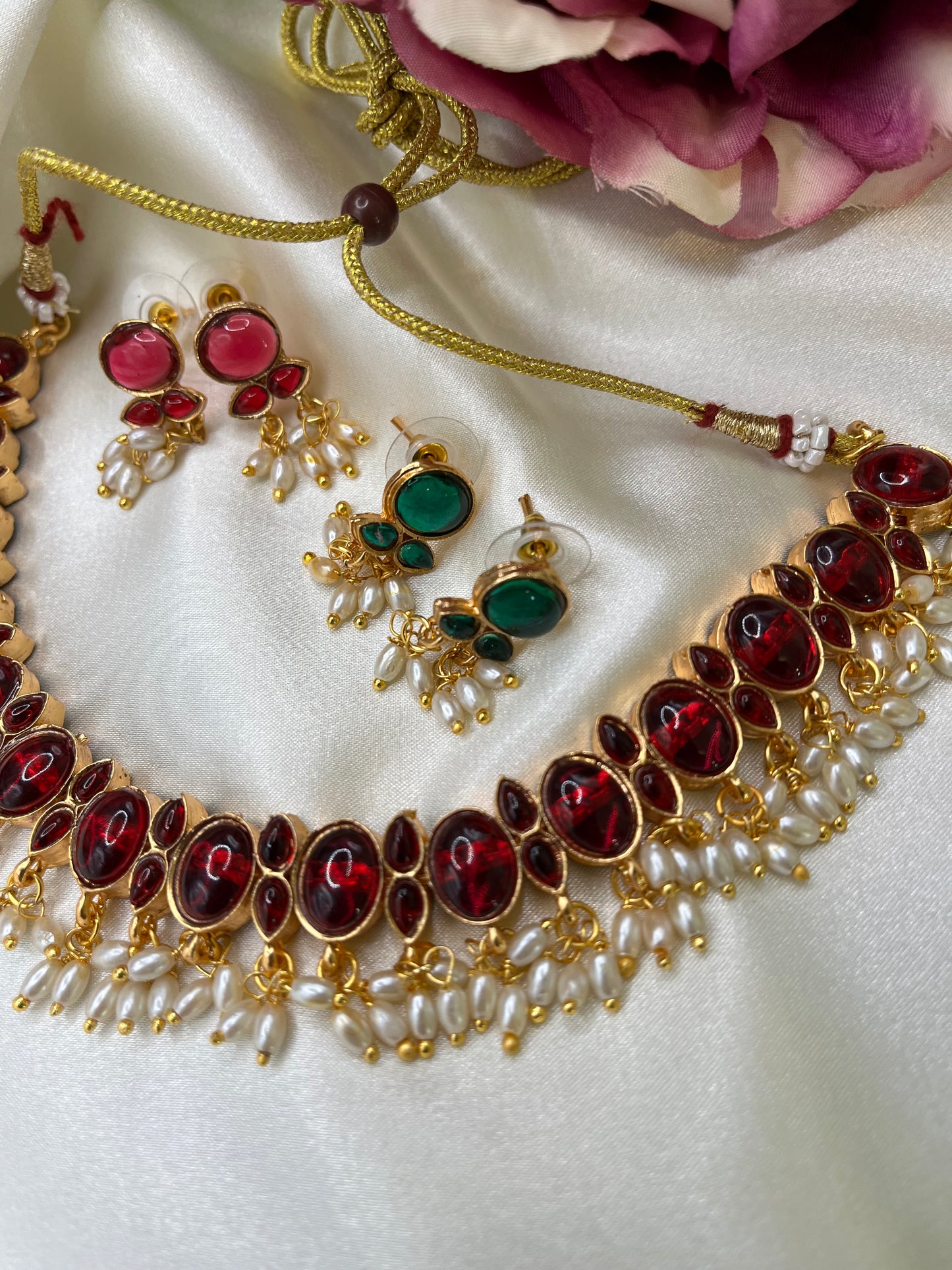 Aaradhya - Reversible Green & Maroon Kundan Pearl Necklace Set | Elegant Dual-Sided Indian Jewellery