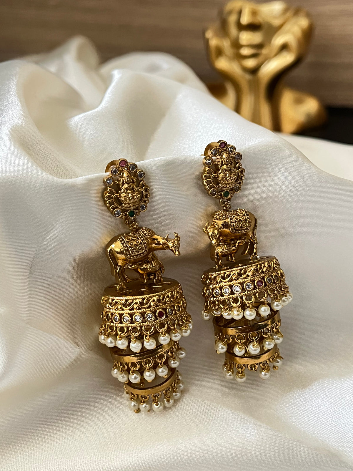 Nandini - Antique Gold Cow Motif Temple Jhumka Earrings with Pearl Drops