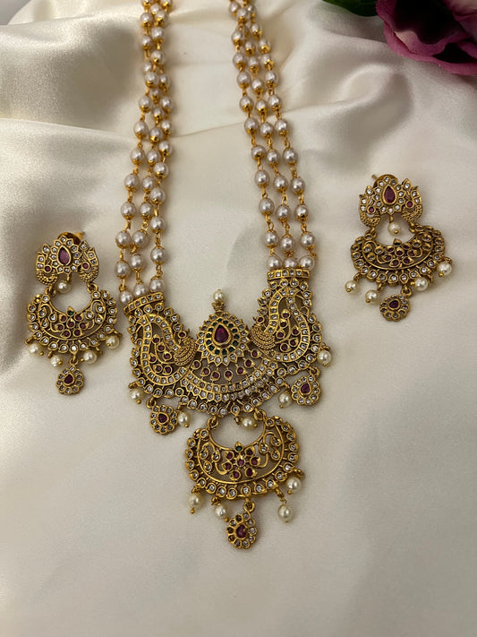 Rani Padmini - Antique Brass Gold Plated Haaram Set | Multi-Layer Pearl style Necklace & Chandbali Earrings | Premium Indian Bridal Jewellery