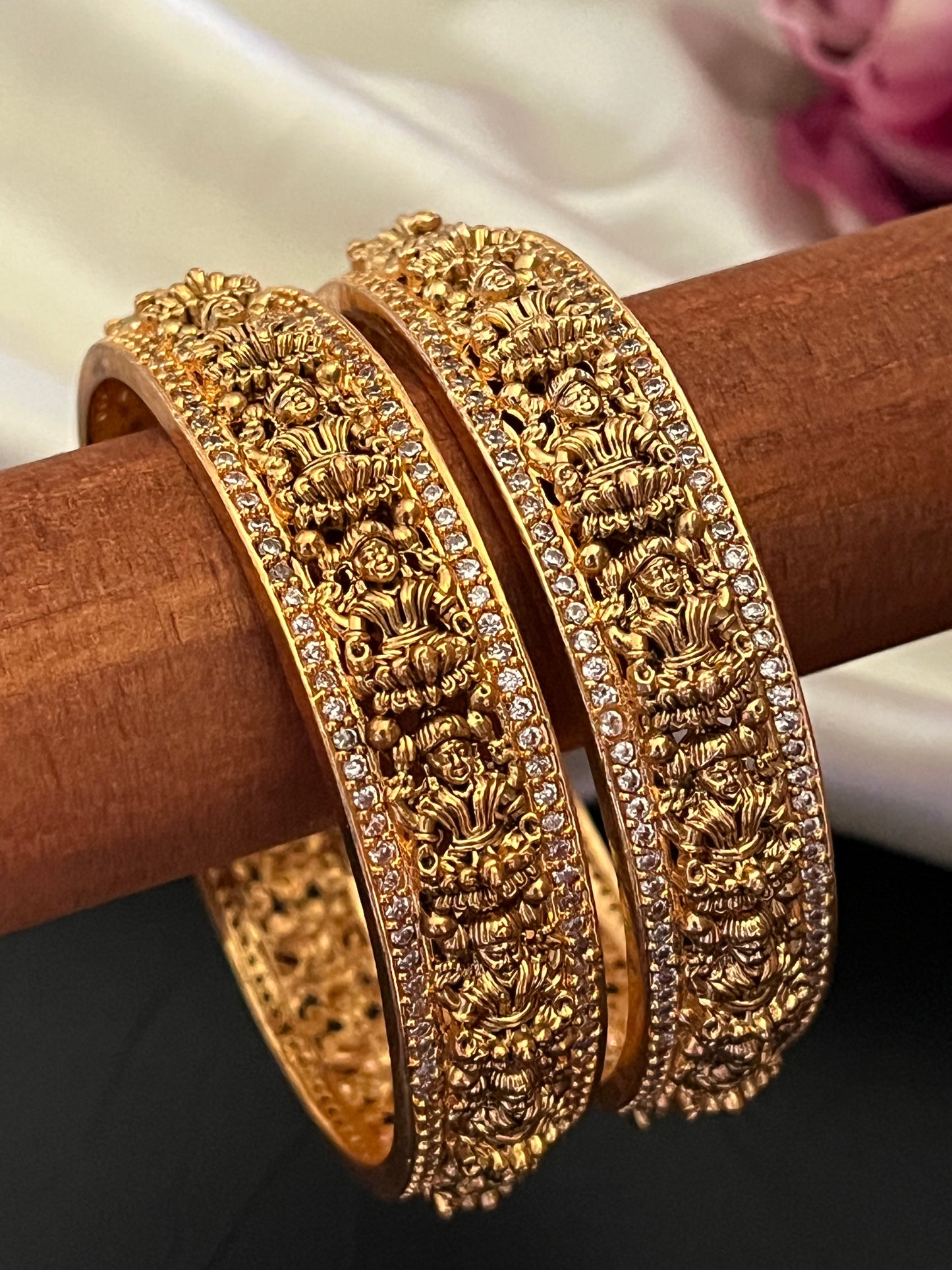Shrinika – Lakshmi Motif Gold-Tone Bangles with Cubic Zirconia (Pair)