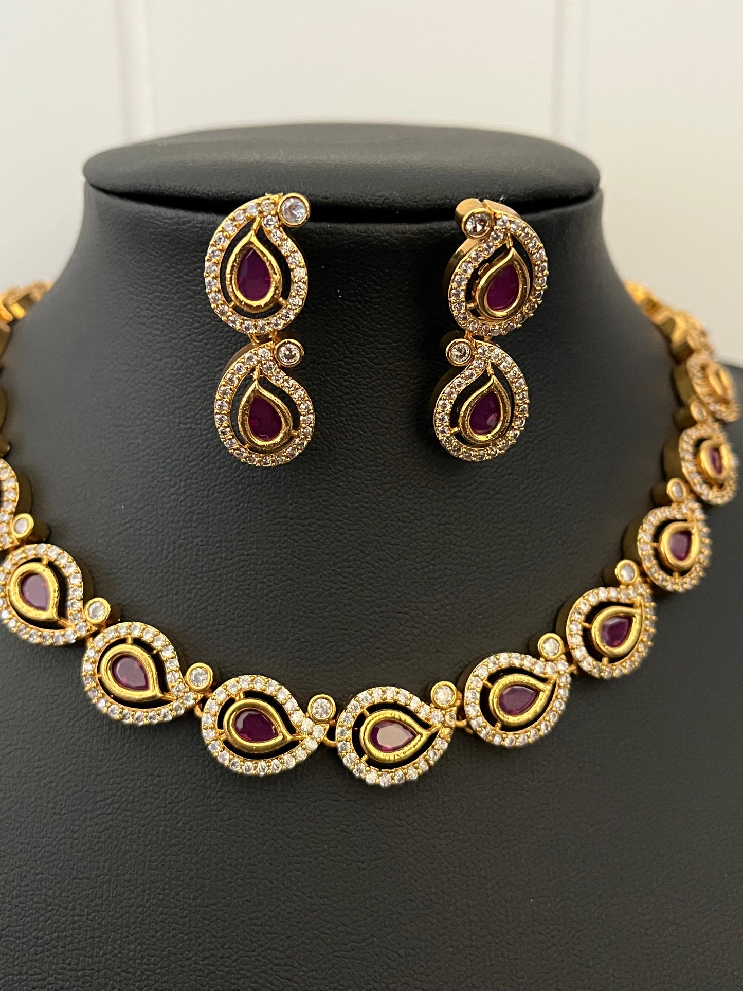 Miya - CZ Gold-Plated Ruby-Colored Paisley Necklace Set with Earrings