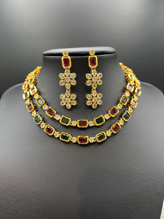Rhea - Royal Ruby & Emerald Gold-Plated Necklace with Matching Earrings – Bridal & Party Wear Jewellery Set