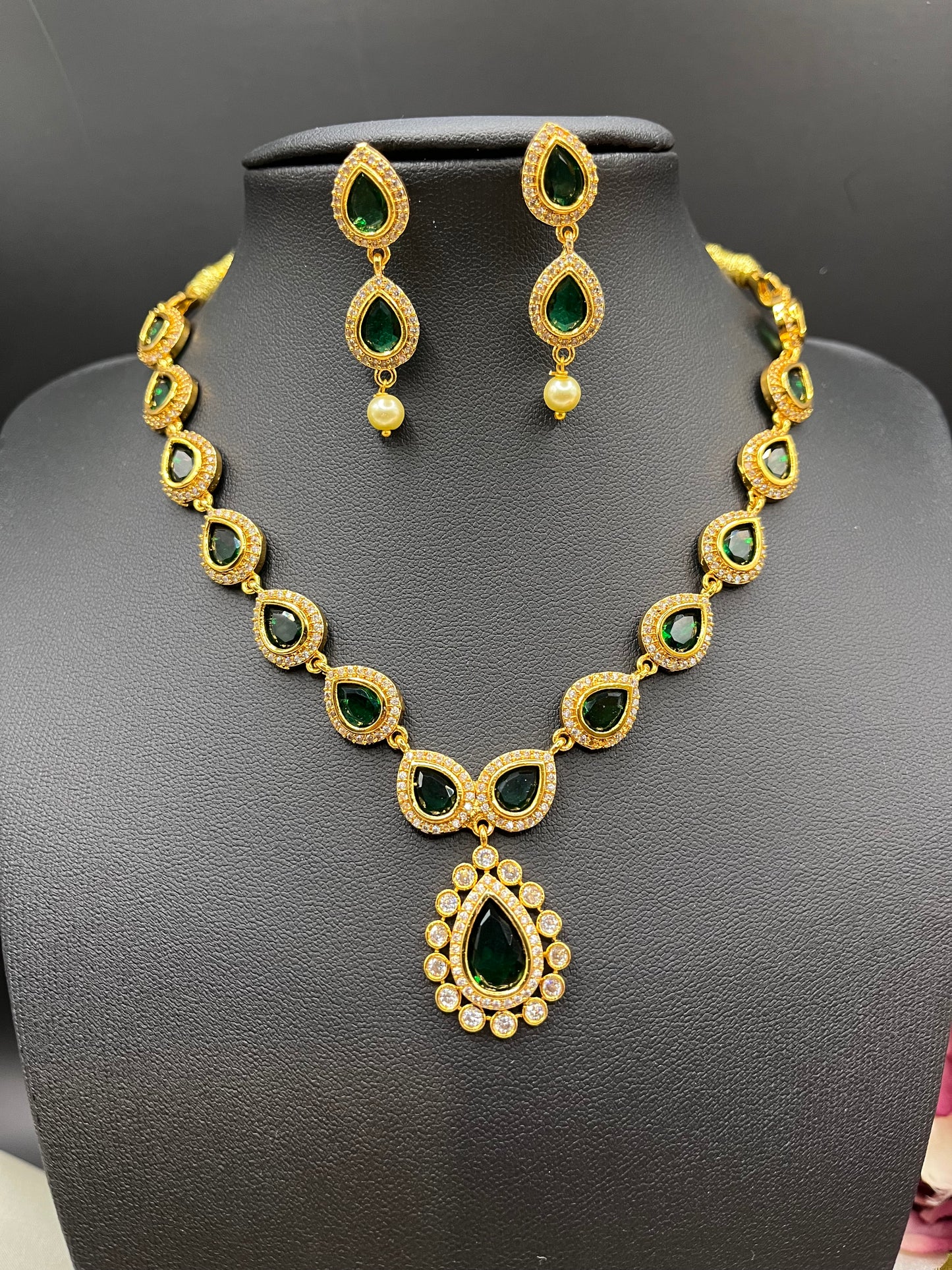 Surya - Jyothika Inspired Gold-Tone Necklace with Green CZ Stones V1
