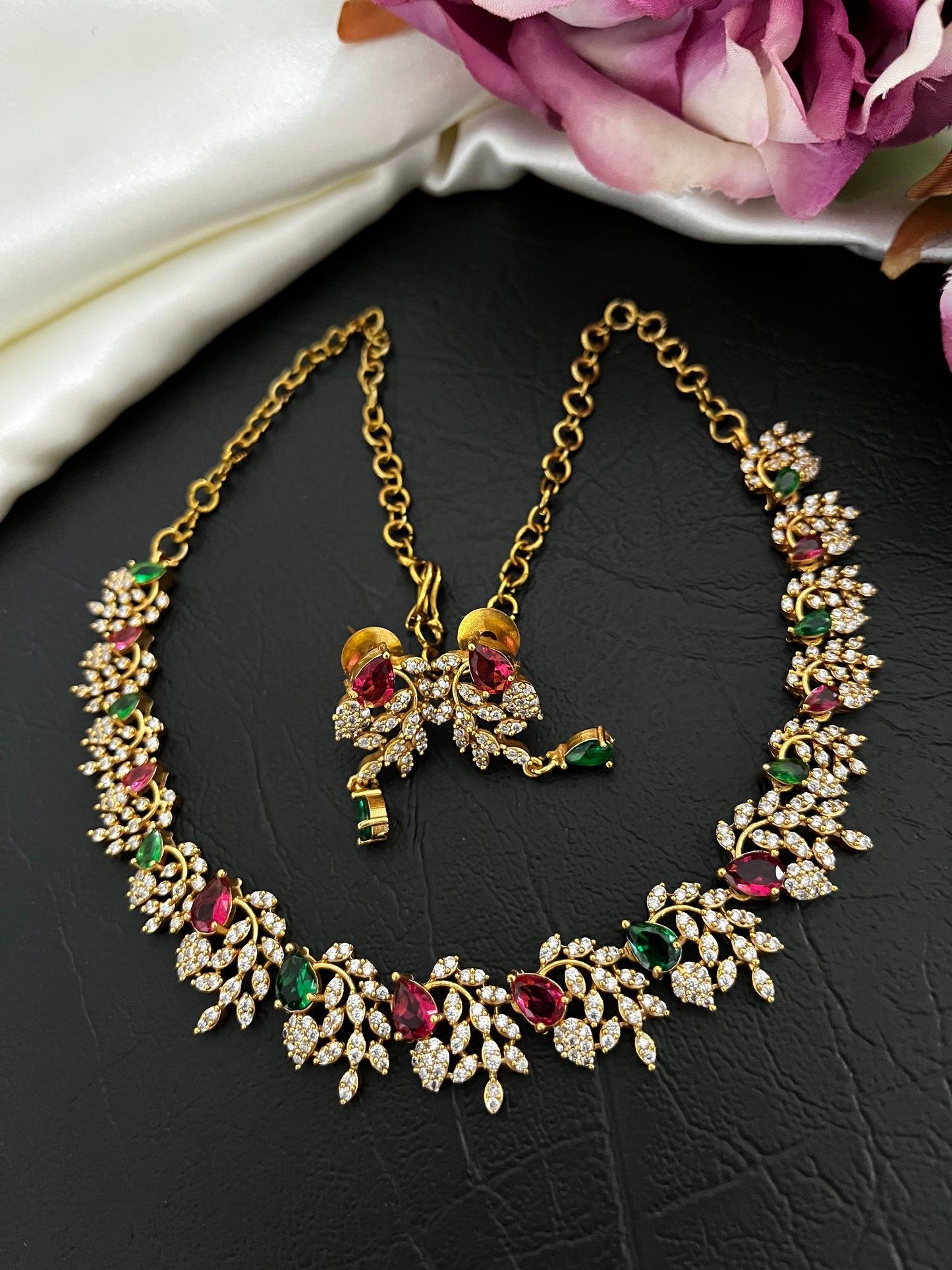 Liora - CZ Leaf Necklace Set