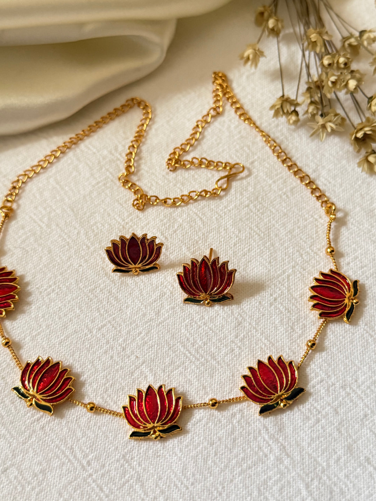Kumudini - Enamel simple Lotus Necklace Set – Maroon & Green | Indian Jewellery Australia