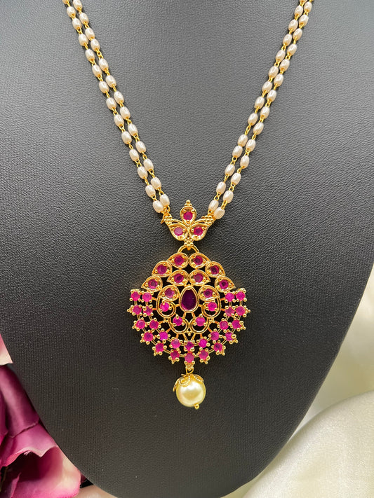 Hema - Mini Pearl Ruby-Simulant Necklace Set | Traditional South Indian Gold Plated Jewellery