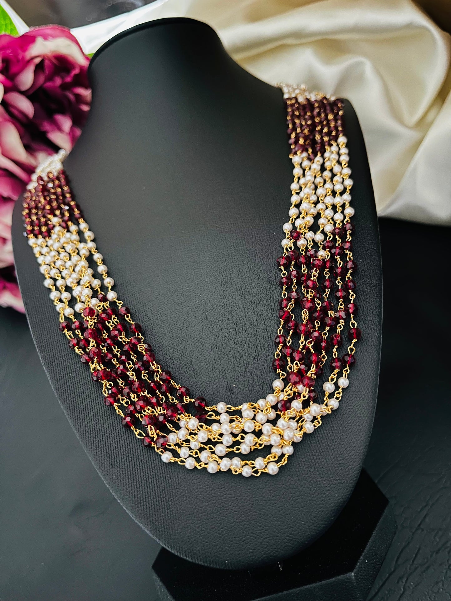 Madhurima – Burgundy Crystal & Pearl Multi-Layer Necklace