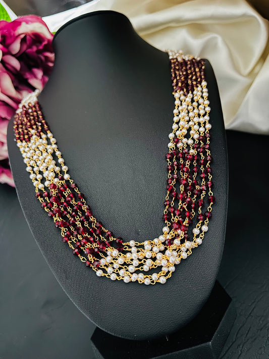 Madhurima – Burgundy Crystal & Pearl Multi-Layer Necklace