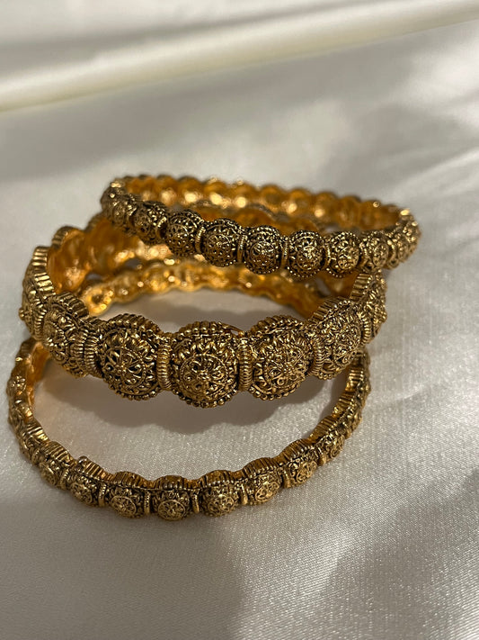 Jhanvi - Antique Gold Finish Kada Bangles Set | Intricate Filigree Work | Traditional Temple Jewellery