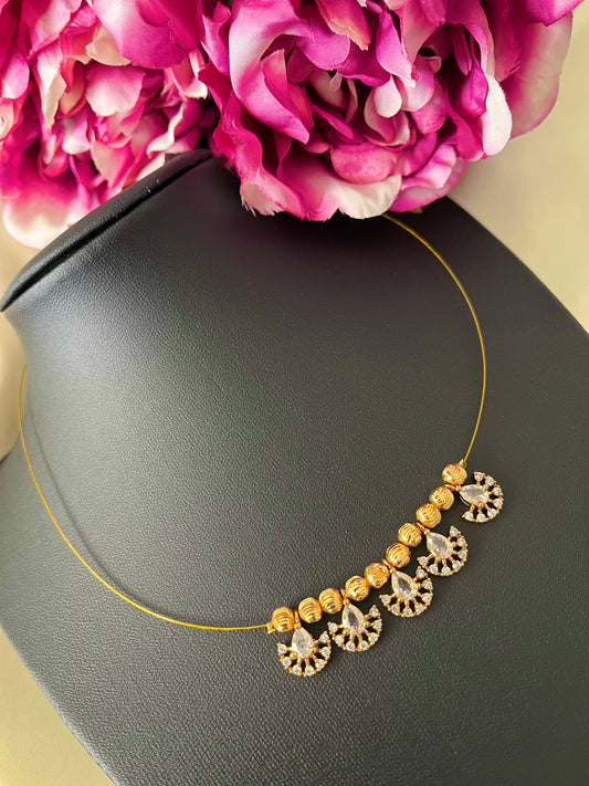 Whisperer - Minimalist Gold-Tone Wire Invisible Necklace with CZ & Bead Charm