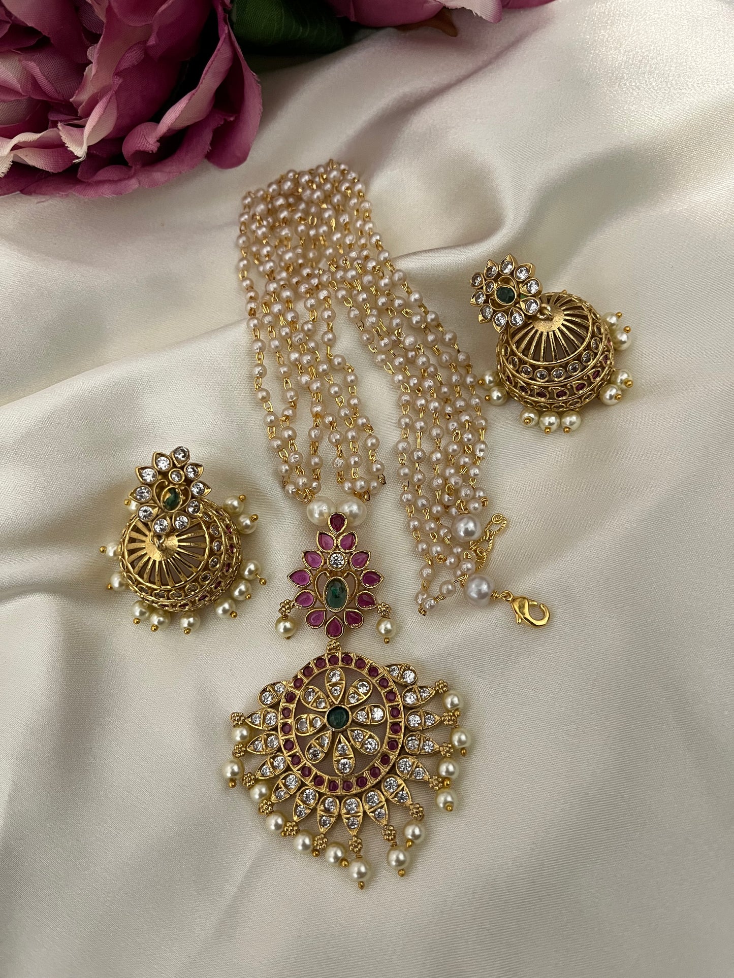 Prakruti - Two-Step Pendant Short Haaram Set | Multi-Strand Pearl style Necklace & Temple Jhumkas | Kundan & Kemp Work