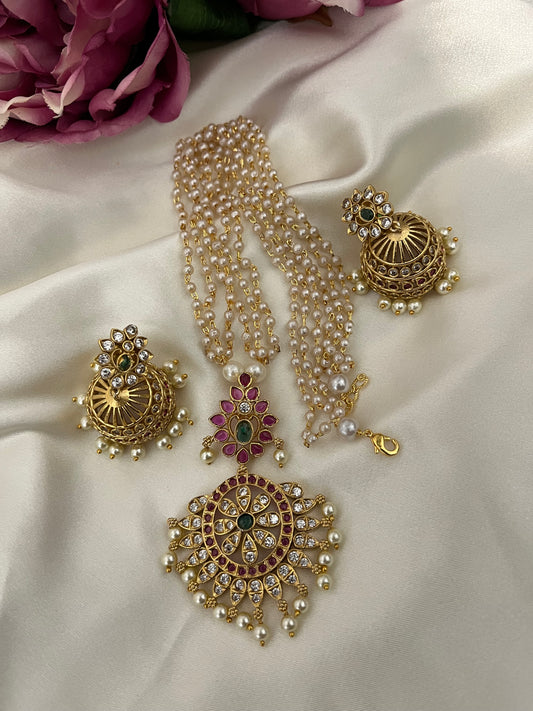 Prakruti - Two-Step Pendant Short Haaram Set | Multi-Strand Pearl style Necklace & Temple Jhumkas | Kundan & Kemp Work