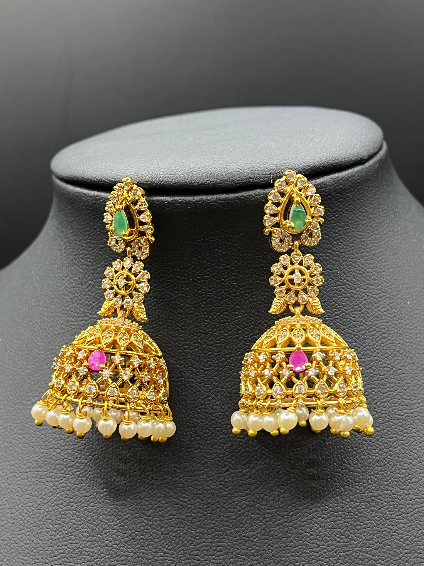 Zaveri -  Traditional Gold Plated Jhumka Earrings - Wedding & Bridal CZ Jhumki