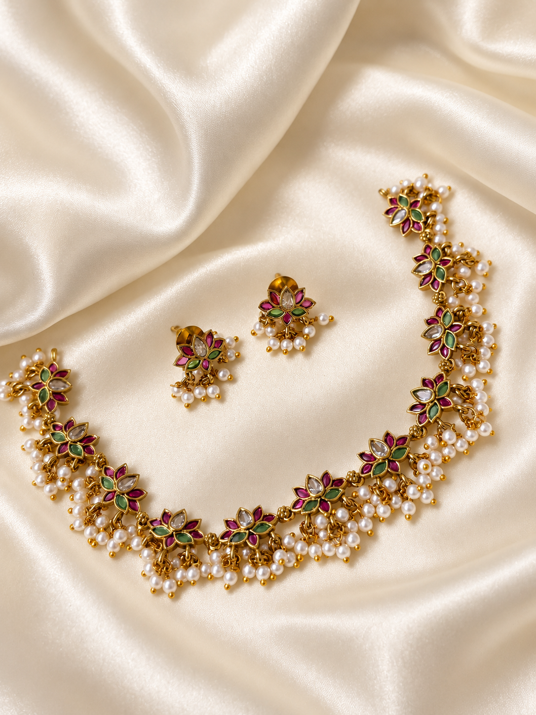 Saroja – Premium Lotus Kemp & CZ Necklace Set