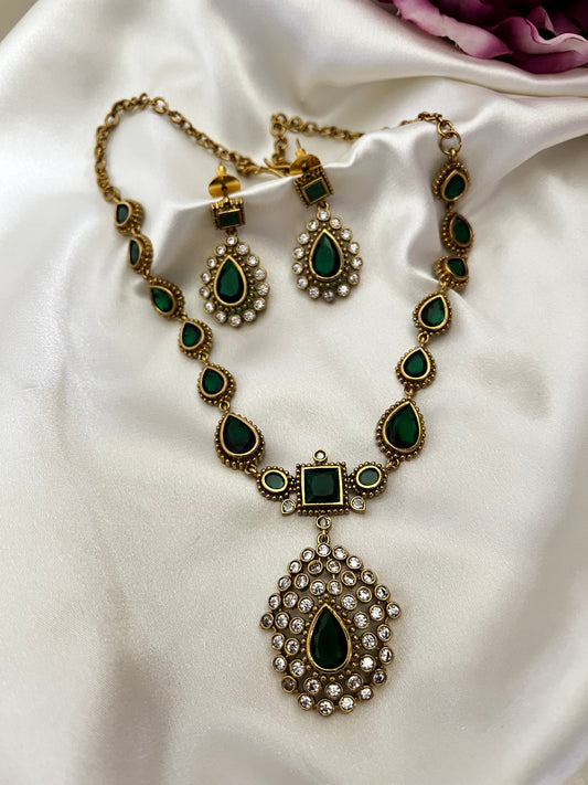 Surya – Jyothika Inspired Gold-Tone Necklace with Green Cubic Zirconia Stones (V2)