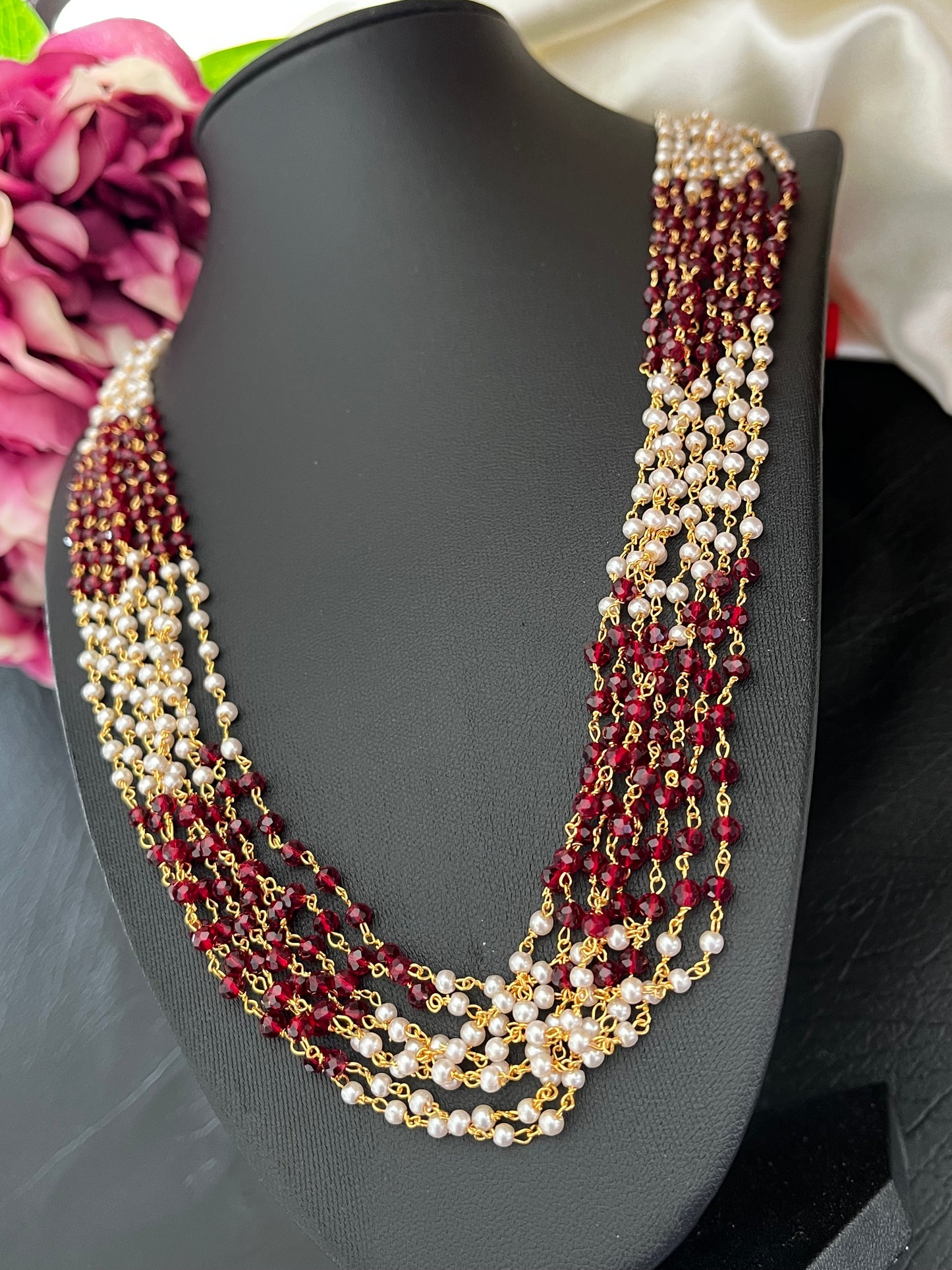 Madhurima – Burgundy Crystal & Pearl Multi-Layer Necklace