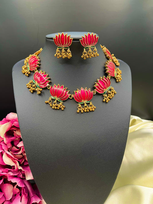 Padmini - Lotus Necklace Set | Trending Vibrant Lotus Jewellery with Earrings