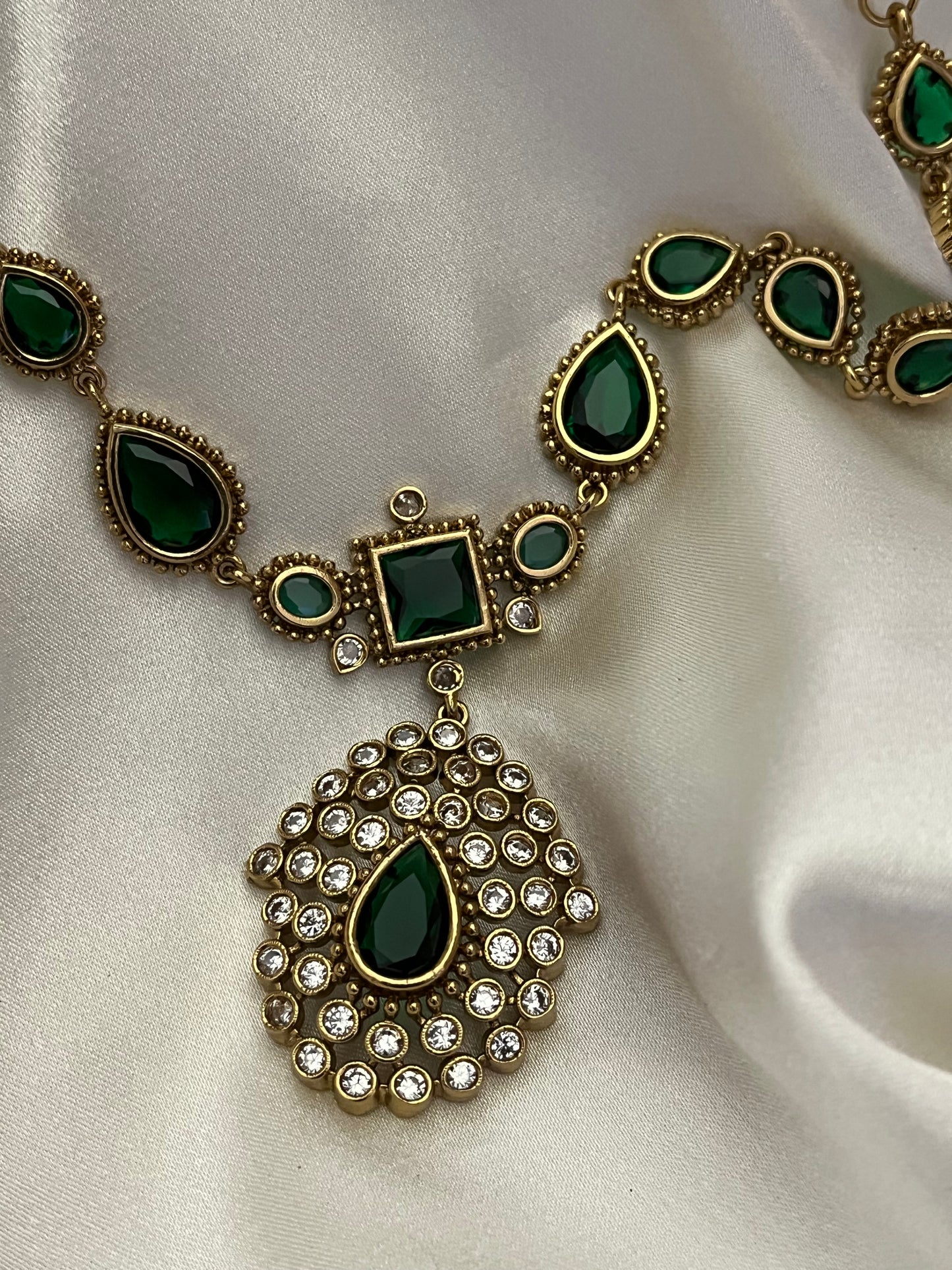 Surya – Jyothika Inspired Gold-Tone Necklace with Green Cubic Zirconia Stones (V2)
