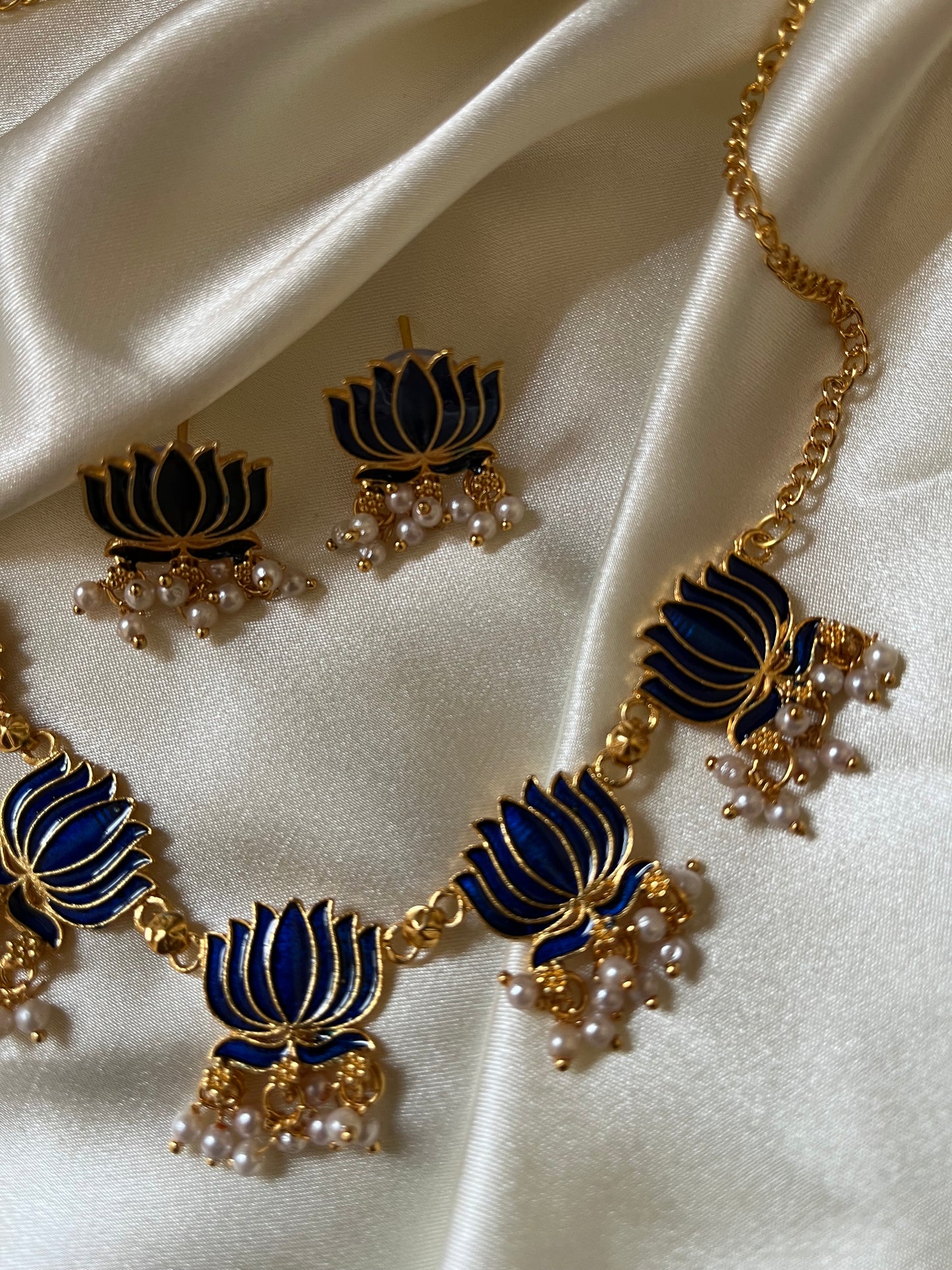 Nalini - Meenakari Lotus Necklace Set | Maroon & Deep Blue Enamel Choker with Pearl Drops | Indian Contemporary Jewellery
