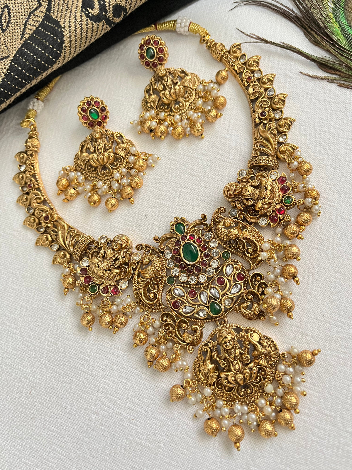 Srivatsa Antique Temple Necklace Set | Lakshmi & Peacock Jewellery