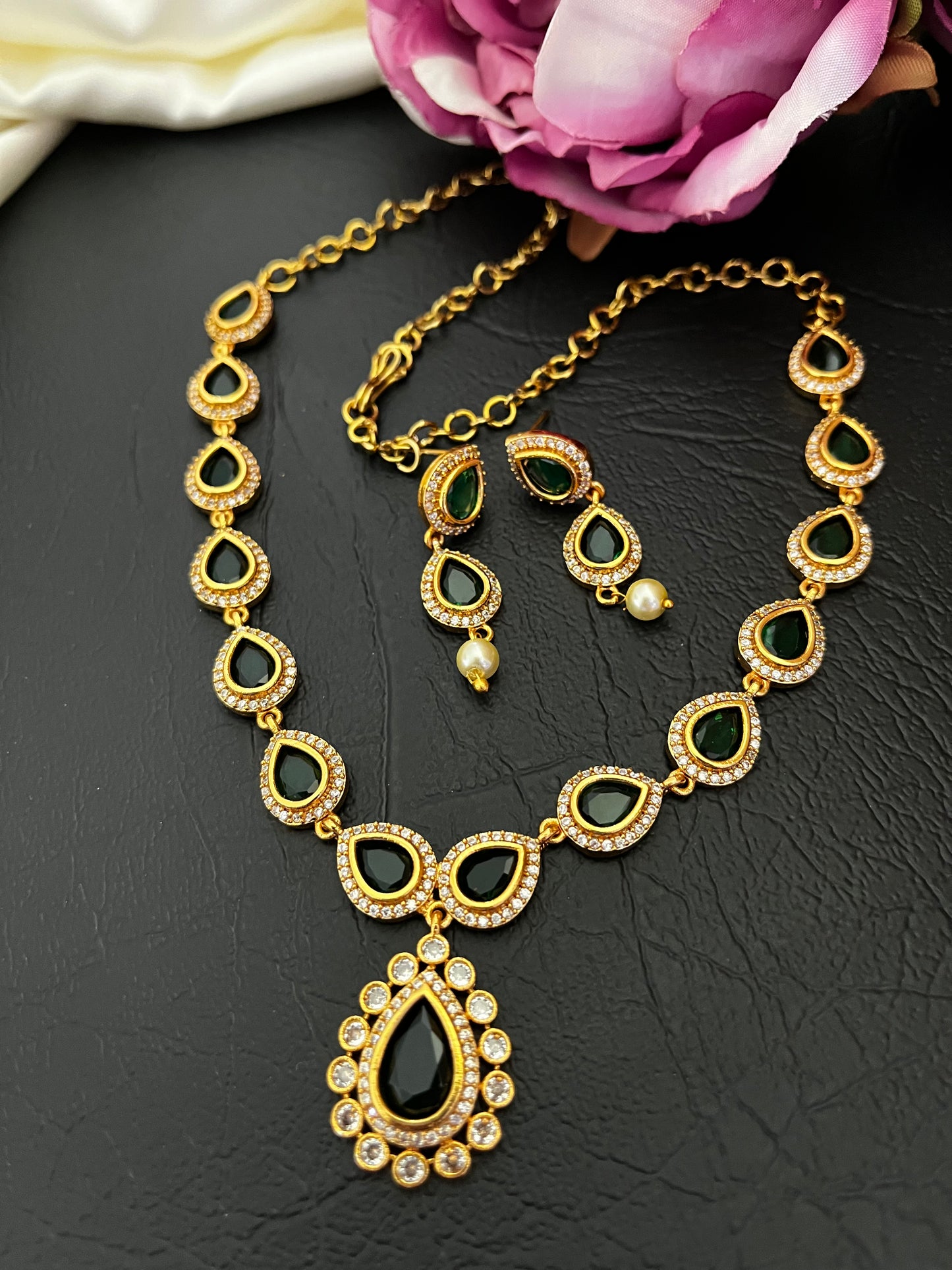 Surya - Jyothika Inspired Gold-Tone Necklace with Green CZ Stones V1