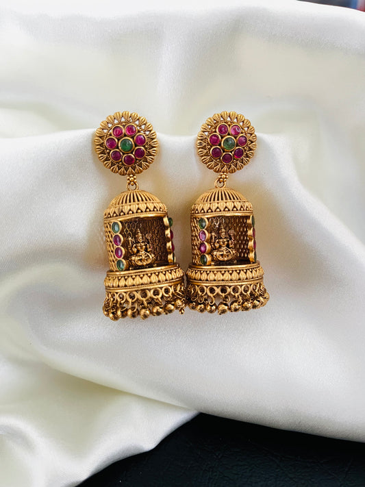 Sampurna – Lakshmi Temple Jhumka Earrings with Ruby & Emerald Accents
