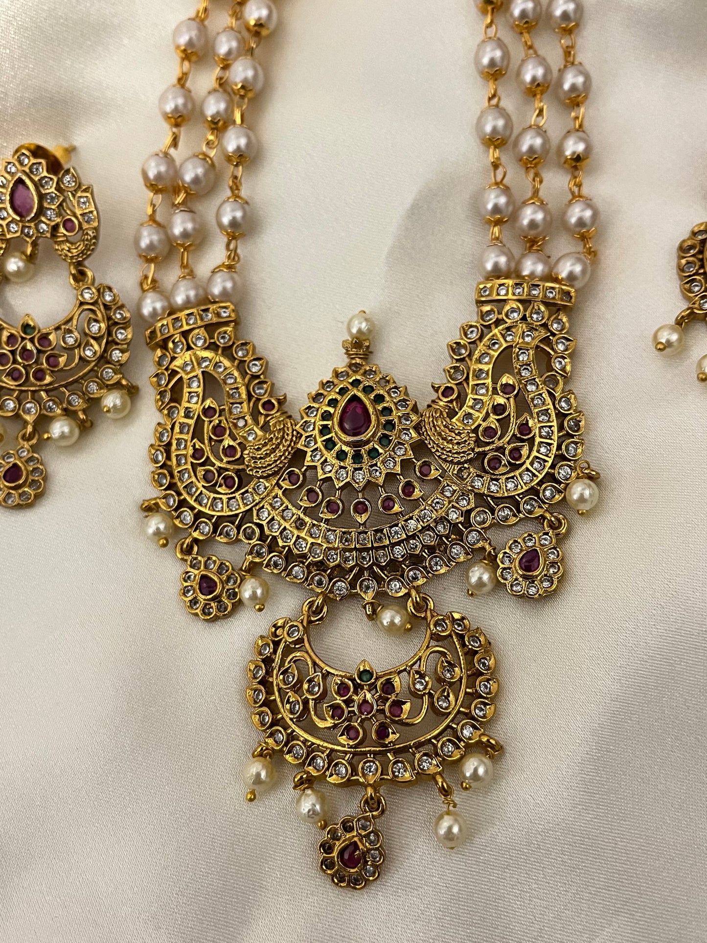 Rani Padmini - Antique Brass Gold Plated Haaram Set | Multi-Layer Pearl style Necklace & Chandbali Earrings | Premium Indian Bridal Jewellery
