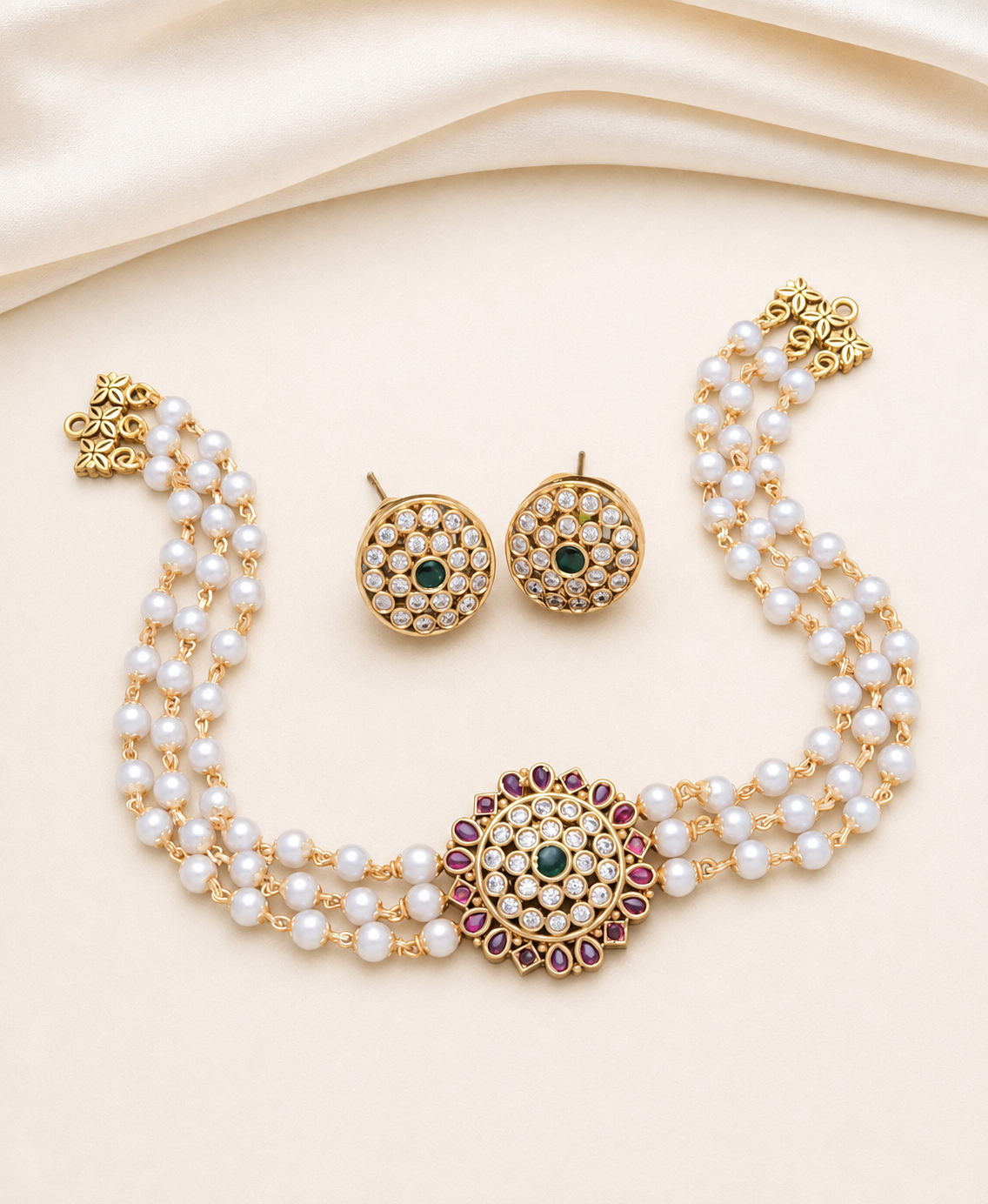 Nilofer - Pearl-Style CZ Choker Necklace Set – Matte Gold Tone