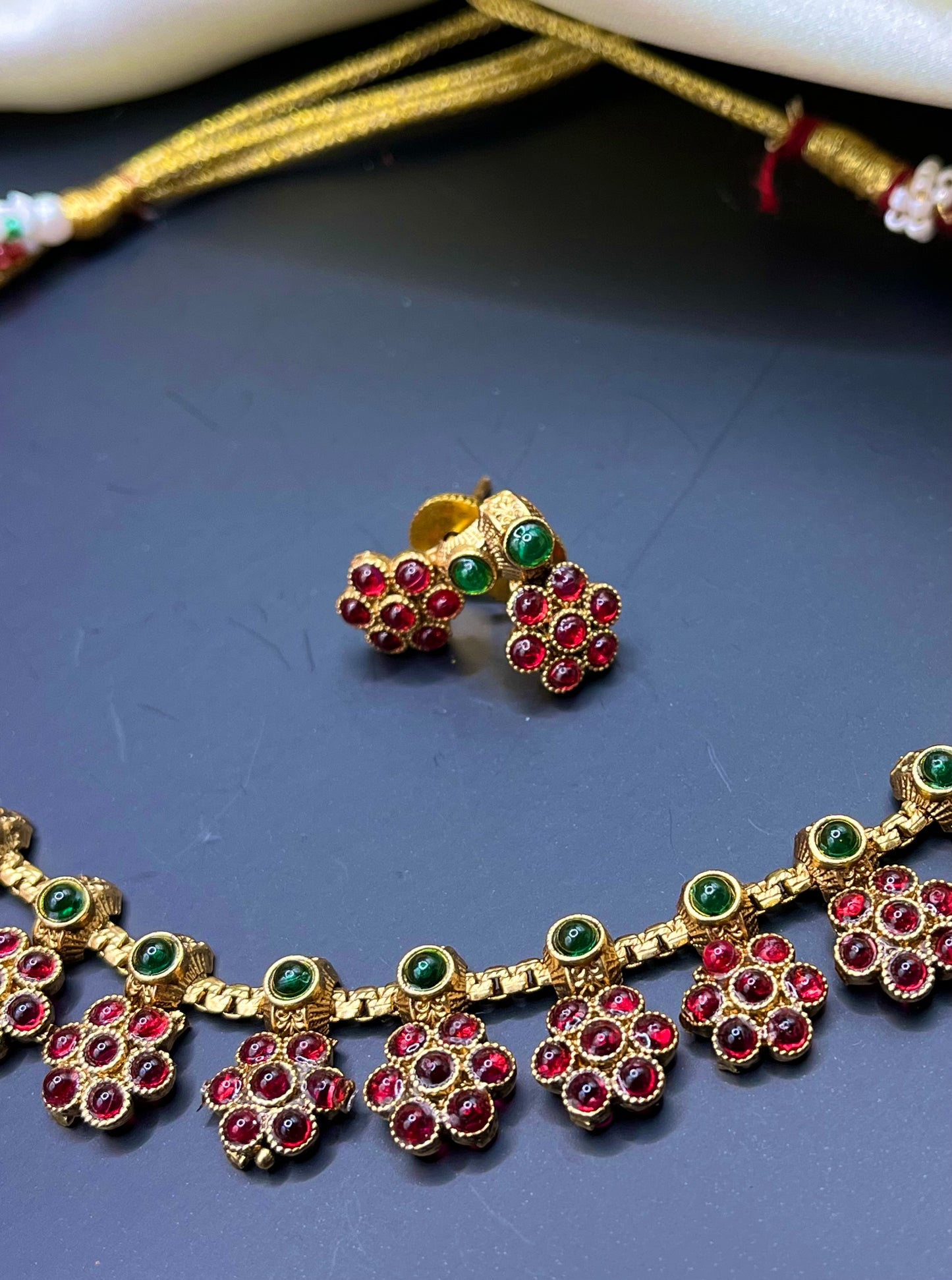 Mira - Ruby Blossom Necklace Set – Traditional Gold-Plated Necklace with Red & Green accents and Matching Earrings