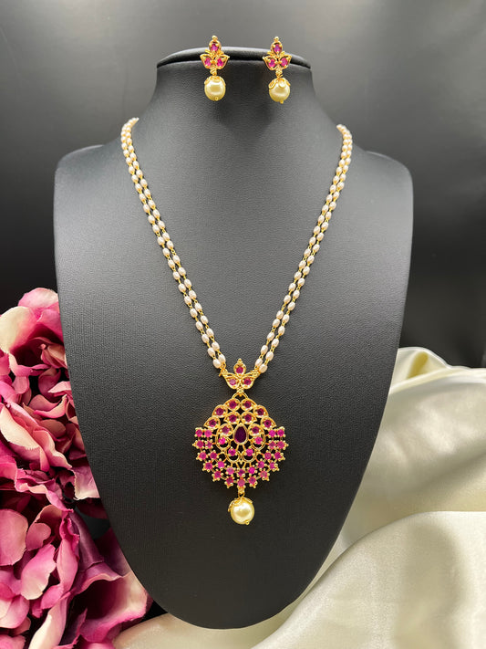 Hema - Mini Pearl Ruby-Simulant Necklace Set | Traditional South Indian Gold Plated Jewellery