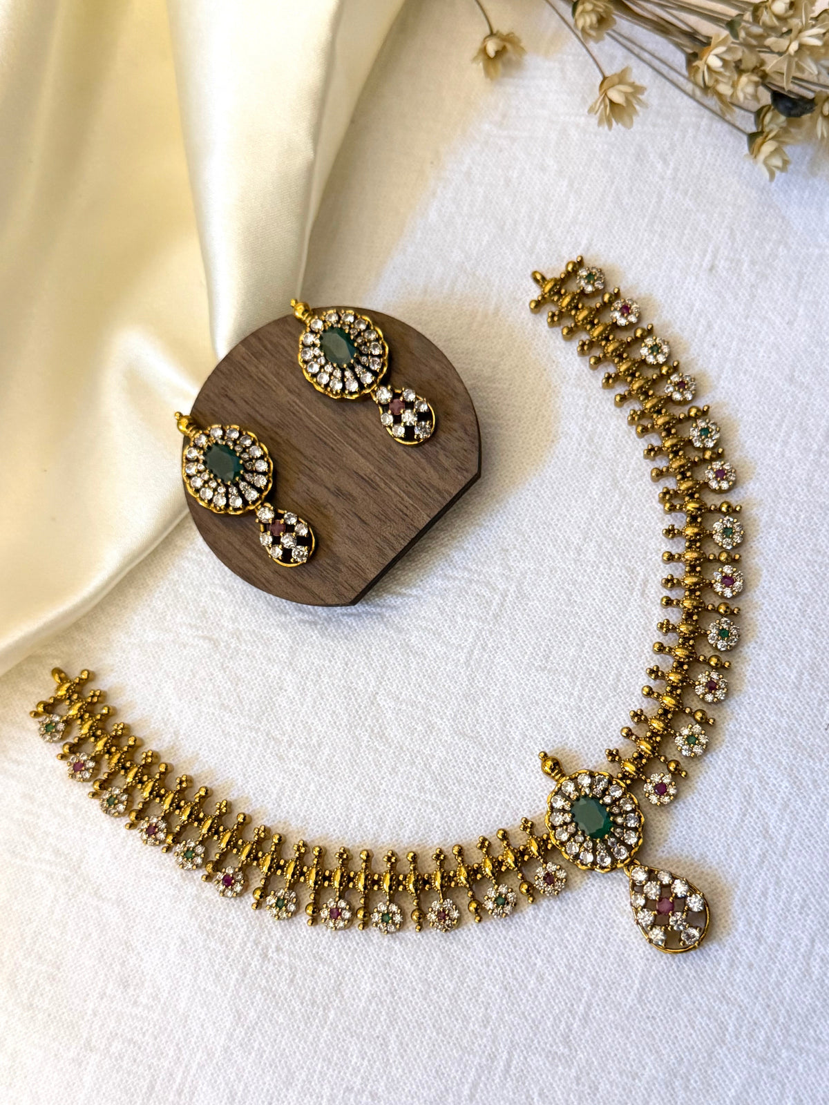 Rukmini – Antique Gold-Plated CZ Necklace Set with Earrings