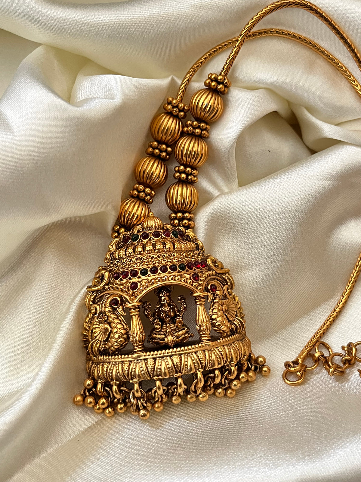 Vaidehi Antique Gold Temple Short Haaram Necklace | Lakshmi Pendant Jewellery