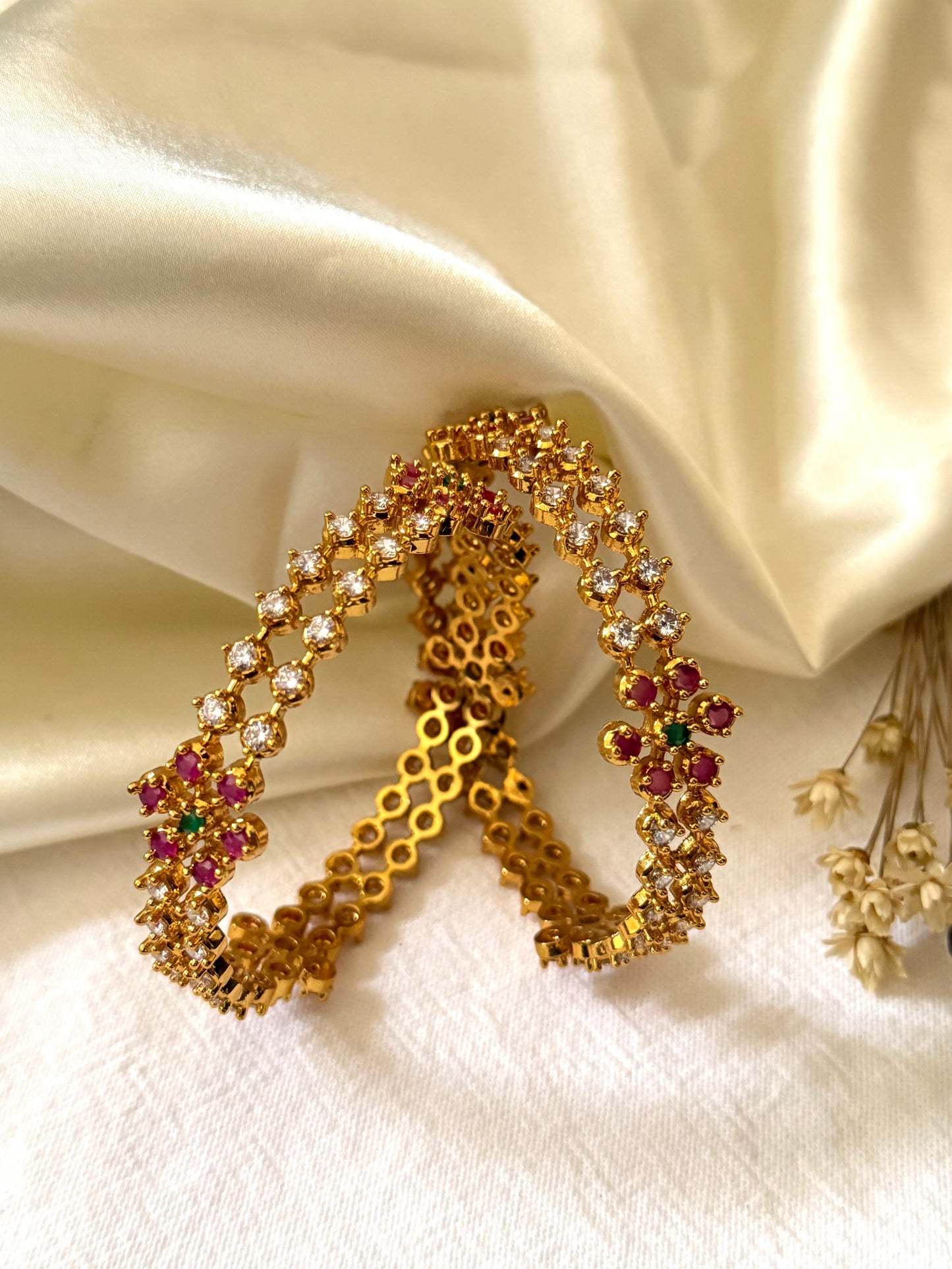 Rithika - Ruby & Emerald Floral CZ Gold-Plated Bangle | Indian Jewellery Australia