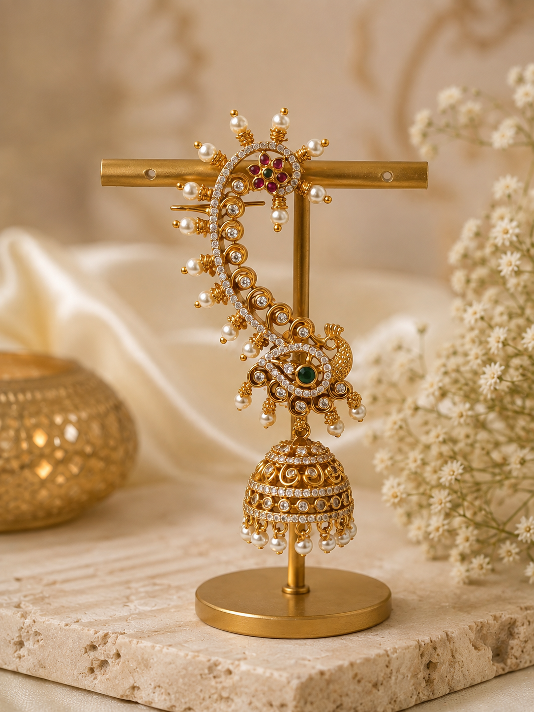 Mayilini - Peacock Jhumka Earrings with Ear Cuff & Pearl Drops | Antique Gold Indian Earrings
